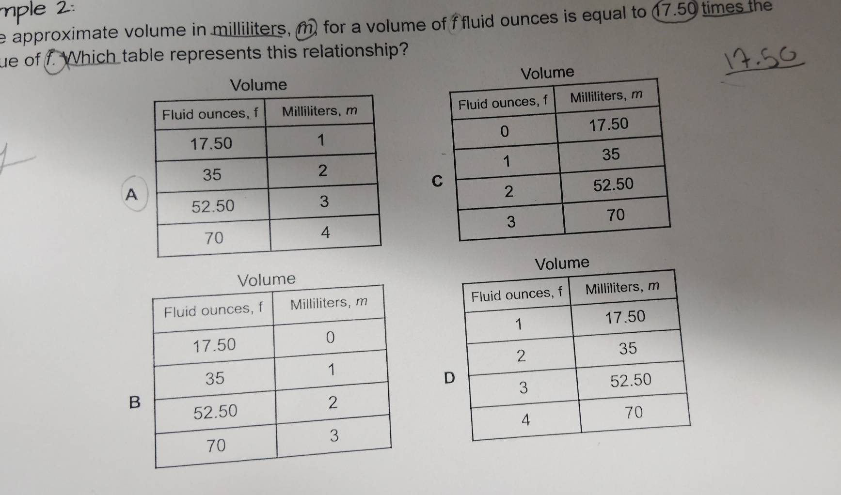 mple 2: 
e approximate volume in milliliters, m. for a volume of f fluid ounces is equal to 17.50 times the 
_ 
ue of f. Which table represents this relationship? 


A 



B