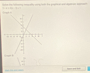 Solve the following inequality using both the graphical and algebraic approach:
5-x<2(x-3)+5
Graph A 
Graph B 

α 
Mark this and retur Save and Exit