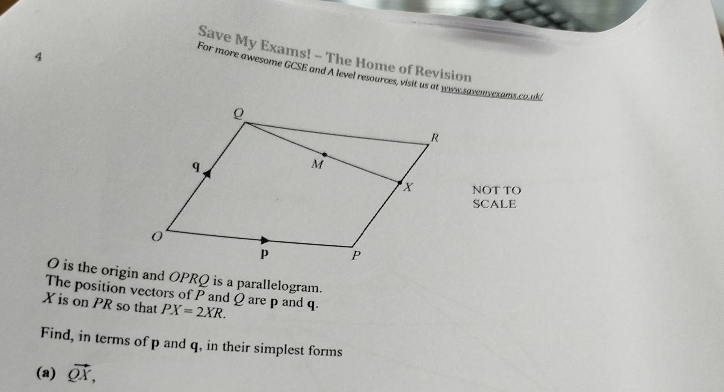 Save My Exams! - The Home of Revision 
For more awesome GCSE and A level resources, visit us at www.savemyexams.co.uk 
NOT TO 
SCALE
O is the origin and OPRQ is a parallelogram. 
The position vectors of P and Q are p and q.
X is on PR so that PX=2XR. 
Find, in terms of p and q, in their simplest forms 
(a) vector QX,