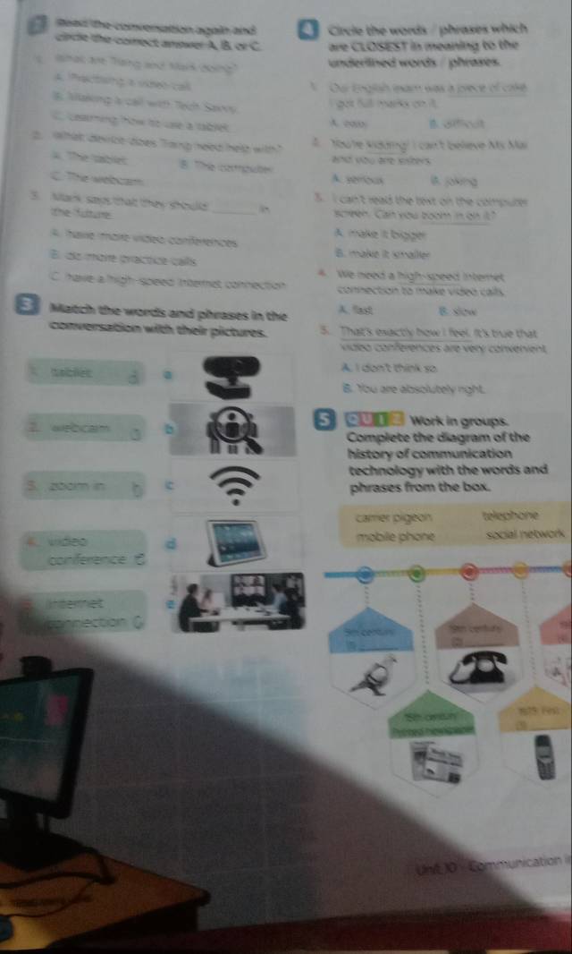 Read the convenation again and circle the words / phrases which 
circe the comect amower A, B. or C. are CLOSEST in meaning to the
smal are Tong and Mark dong 
underllned words / phrases.
4. Practing a vseo cal
Oui Englsh eam was a prece of cake
B. Making ls call with Tach Sawvy
got full marka en it
C cesaming how to use a tablet
A. cao B dfcct
2. What device does Tang heed hele with?
2 oute voung! i can't believe Ms Mai
and you are esters
a The tmblet B he ces rtn A. yerrious B. joking
C The wetcam
3. Mark says that they should 5. I can't read the text on the compute
screen. Can you boom in on it?
the fulture _A. make it bigger
A nave mare vídea conferences
B. make it smailier
El dole maite craictice caís
4. We need a high-speed internet
C. have a high-speed itermet connection connection to make video calls.
Match the words and phrases in the A. fast B. slow
conversation with their pictures. 5. That's exactly how I feel. It's true that
vsdeo conférences are very convenient,
tolcles a A. I don't think so
B. You are absolutely night.
2. wrbcam b
5 ②u __ Work in groups.
Complete the diagram of the
history of communication
technology with the words and 
5. 200m in phrases from the box.
camer pigeon telephone
4. video d mobile phone social network
conference 
Thderet
connection G Sen centut

S aytun
3
Unt 0 Communication