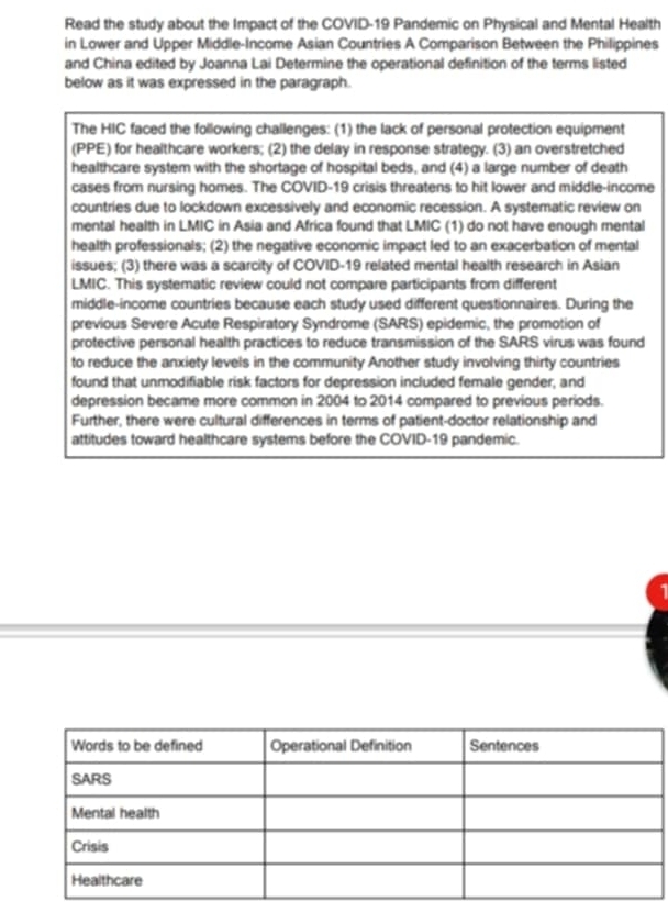 Read the study about the Impact of the COVID-19 Pandemic on Physical and Mental Health 
in Lower and Upper Middle-Income Asian Countries A Comparison Between the Philippines 
and China edited by Joanna Lai Determine the operational definition of the terms listed 
below as it was expressed in the paragraph. 
The HIC faced the following challenges: (1) the lack of personal protection equipment 
(PPE) for healthcare workers; (2) the delay in response strategy. (3) an overstretched 
healthcare system with the shortage of hospital beds, and (4) a large number of death 
cases from nursing homes. The COVID-19 crisis threatens to hit lower and middle-income 
countries due to lockdown excessively and economic recession. A systematic review on 
mental health in LMIC in Asia and Africa found that LMIC (1) do not have enough mental 
health professionals; (2) the negative economic impact led to an exacerbation of mental 
issues; (3) there was a scarcity of COVID-19 related mental health research in Asian 
LMIC. This systematic review could not compare participants from different 
middle-income countries because each study used different questionnaires. During the 
previous Severe Acute Respiratory Syndrome (SARS) epidemic, the promotion of 
protective personal health practices to reduce transmission of the SARS virus was found 
to reduce the anxiety levels in the community Another study involving thirty countries 
found that unmodifiable risk factors for depression included female gender, and 
depression became more common in 2004 to 2014 compared to previous periods. 
Further, there were cultural differences in terms of patient-doctor relationship and 
attitudes toward healthcare systems before the COVID-19 pandemic.