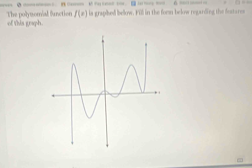 eywas ● chome estension S Claxsnsom K! Play KatoolEnter Jau Young - world o 
The polynomial function f(x) is graphed below. Fill in the form below regarding the features 
of this graph.