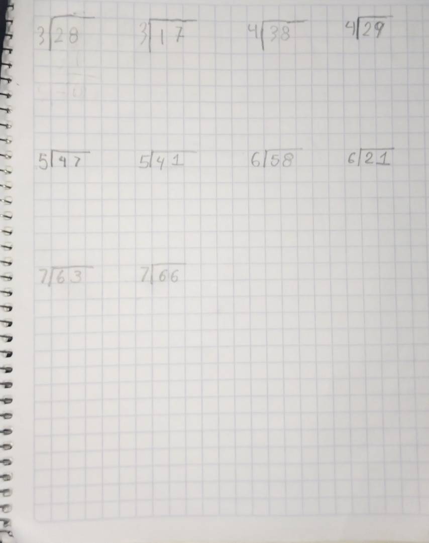 beginarrayr 3encloselongdiv 28endarray beginarrayr 3encloselongdiv 17endarray beginarrayr 4encloselongdiv 38endarray beginarrayr 4encloselongdiv 29endarray
5sqrt(47) 5sqrt(41) 6sqrt(58) 6sqrt(21)
7sqrt(63) 7sqrt(66)