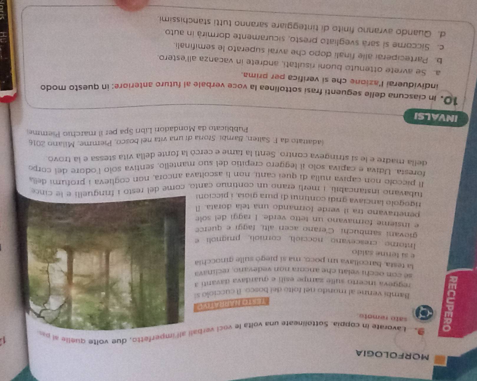 MORFOLOGIA
S  L avorate in coppia. Sottolineate una volta le voci verball all imperfetto, due volte quelle al pa
1
2
sato remoto.
TESTO HRRTIVC
Bambí venne al mondo nel folto del bosco. Il cucciolo si
reggeva incerto sulle zampe esili e guardava davanti a
sé con occhi velati che ancora non vedevano, reclinava
la testa, barcollava un poco, ma si piegó sulle ginocchia
e sí tenné saldo
Intoro crescevano nocciolí corioli, prugnoli e
giovani sambuchi. C'erano acerí altí, faggi e querce
e insieme formavano un tetto verde. I raggi del sole
penetravano tra il verde formando una tela dorata. l
rigogolo lanciava gridi continui di pura gioia, i piccioni
fubavano instancabili, i merli erano un contínuo canto, come del resto i ince
Il piccolo non capiva nulla di queí canti, non lí ascoltava ancora, non coglieva i profumi della
foresta. Udiva e capiva solo il leggero crepitio del suo mantello, sentiva solo l'odore del corpo
della madre e le sí stringeva contro. Senti la fame e cercó la fonte della vita stessa e la trovó.
adattato da E. Salten, Bambi. Storia di una vita nel bosco, Piemme, Milano 2016
Pubblicato da Mondadori Líbri Spa per il marchio Piemme
INVALSI
10. In ciascuna delle seguenti frasi sottolinea la voce verbale al futuro anteriore: in questo modo
individuerai l'azione che si verifica per prima.
a. Se avrete ottenuto buoni risultati, andrete in vacanza all'estero.
b. Parteciperai alle finali dopo che avrai superato le semifinali.
c. Siccome si sara svegliato presto, sicuramente dormirà in auto.
d. Quando avranno finito di tinteggiare saranno tutti stanchissimi.