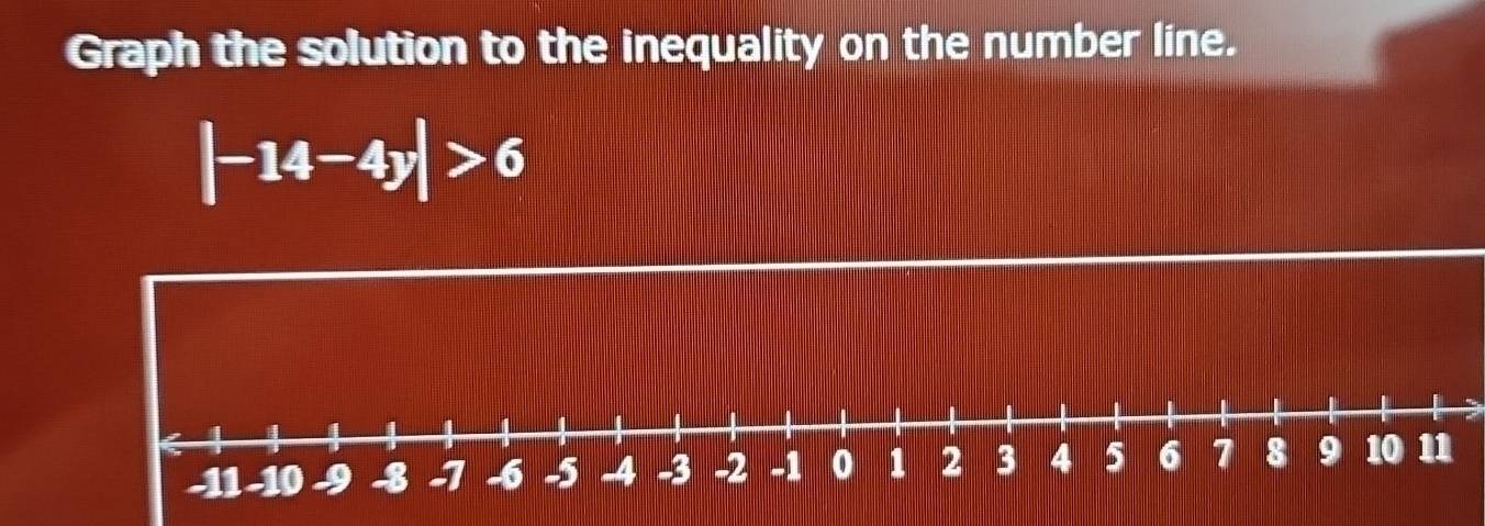 Graph the solution to the inequality on the number line.
|-14-4y|>6