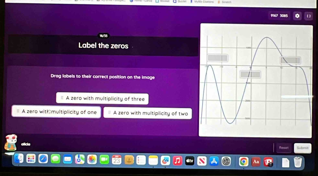 Scratch 
9167 3085 
Label the zeros 
Drag labels to their correct position on the image 
A zero with multiplicity of three 
A zero with multiplicity of one A zero with multiplicity of two 
alicia 
Reset Submit 
Aa