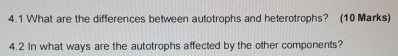 4.1 What are the differences between autotrophs and heterotrophs? (10 Marks) 
4.2 in what ways are the autotrophs affected by the other components?