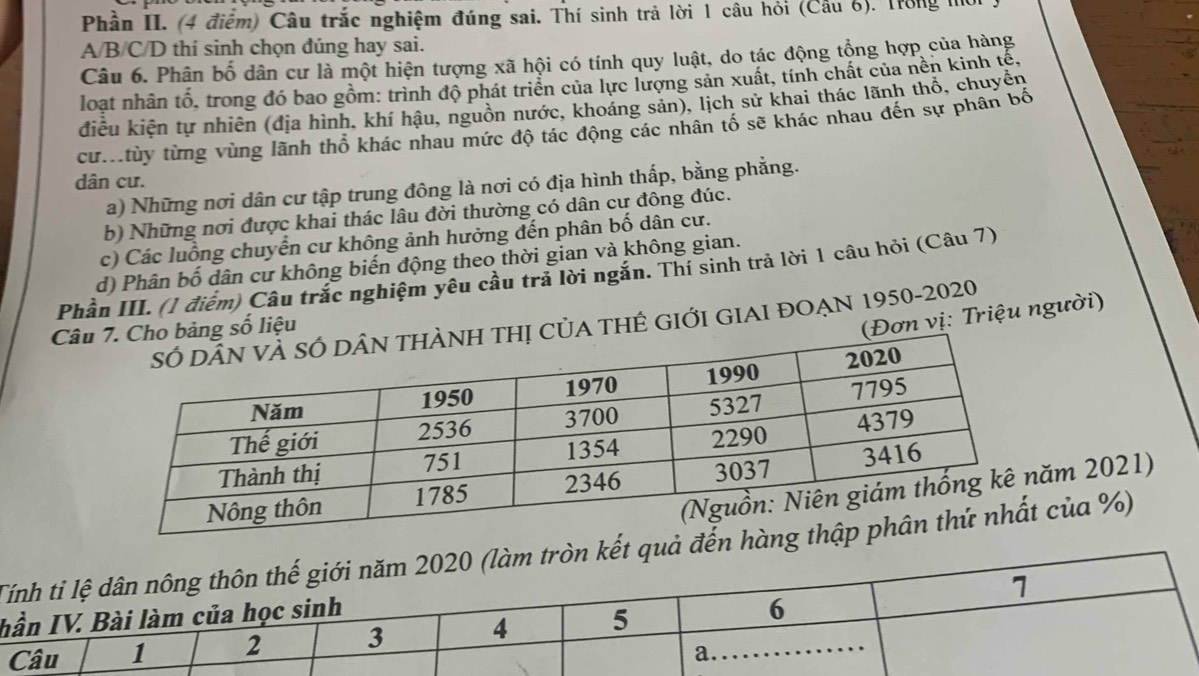 Phần II. (4 điểm) Câu trắc nghiệm đúng sai. Thí sinh trả lời 1 câu hỏi (Cầu 6). Trong mờ
A/B/C/D thí sinh chọn đúng hay sai.
Câu 6. Phân bố dân cư là một hiện tượng xã hội có tính quy luật, do tác động tổng hợp của hàng
loat nhân tổ, trong đó bao gồm: trình độ phát triển của lực lượng sản xuất, tính chất của nền kinh tê,
điều kiện tự nhiên (địa hình, khí hậu, nguồn nước, khoáng sản), lịch sử khai thác lãnh thổ, chuyển
cườtùy từng vùng lãnh thổ khác nhau mức độ tác động các nhân tổ sẽ khác nhau đến sự phân bố
dân cư.
a) Những nơi dân cư tập trung đông là nơi có địa hình thấp, bằng phẳng.
b) Những nơi được khai thác lâu đời thường có dân cư đông đúc.
c) Các luồng chuyển cư không ảnh hưởng đến phân bố dân cư.
d) Phân bố dân cư không biến động theo thời gian và không gian.
Phần III. (1 điểm) Câu trắc nghiệm yêu cầu trả lời ngắn. Thí sinh trả lời 1 câu hỏi (Câu 7)
Đơn vị: Triệu người)
A THÊ GIỚI GIAI ĐOẠN 1950-2020
Câu số liệu
ăm 2021)
m tròn kết quả đến h của %)