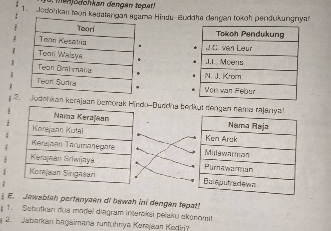 0, menjodohkan dengan tepat! 
1. Jodohkan teori kedataa Hindu-Buddha dengan tokoh pendukungnya! 

: 
: 
2.Jodohkan kerajaan bu-Buddha berikut dengan nama rajanya! 
3 



: 
: 
E. Jawablah pertanyaan di bawah ini dengan tepat! 
1. Sebutkan dua model diagram interaksi pelaku ekonomi! 
2. Jabarkan bagaimana runtuhnya Kerajaan Kediri?