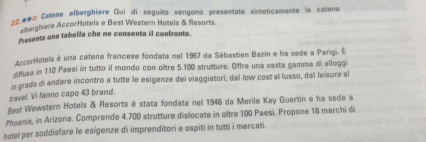 22.●●0 Catene alberghiere Qui di seguito vengono presentate sinteticamente le catene 
alberghiere AccorHotels e Best Western Hotels & Resorts 
Presenta una tabella che ne consenta il confronto. 
AccorHotels è una catena francese fondata nel 1967 da Sébastien Bazin e ha sede a Parigi. E 
diffusa in 110 Paesi in tutto il mondo con oltre 5.100 strutture. Offre una vasta gamma di alloggi 
in grado di andare incontro a tutte le esigenze dei viaggiatori, dal /ow cost al lusso, dal leisure al 
travel. Vi fanno capo 43 brand. 
Best Wewstern Hotels & Resorts è stata fondata nel 1946 da Merile Kay Guertin e ha sede a 
Phoenix, in Arizona. Comprende 4.700 strutture dislocate in oltre 100 Paesi. Propone 18 marchi di 
hotel per soddisfare le esigenze di imprenditori e ospiti in tutti i mercati.