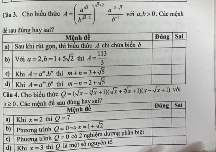 Cho biểu thức A=( a^(sqrt(5))/b^(sqrt(5)-2) )^sqrt(5)+2·  (a^(-2-sqrt(5)))/b^(-1)  với a,b>0. Các mệnh
Câu 4. Cho biều thức Q=(sqrt(x)-sqrt[4](x)+1)(sqrt(x)+sqrt[4](x)+1)(x-sqrt(x)+1)