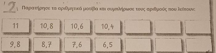 Παρατηήρησε τα αριθμητικά μοτίβα και συμπληήρωσε τους αριθμούς που λείπουν:
11 10, 8 10, 6 10, 4
9, 8 8, 7 7, 6 6, 5