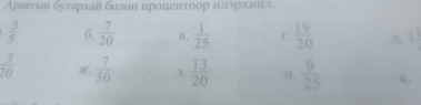 Αρаπтан δутархай болон πроненτоор нιυзрхннι
 3/5  6.  7/20  B.  1/25   19/20  1
 1/10   7/50  3.  13/20  H.  9/25  K,