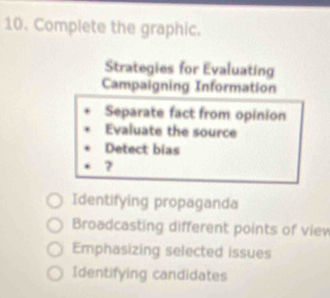 Complete the graphic.
Strategies for Evaluating
Campaigning Information
Separate fact from opinion
Evaluate the source
Detect bias
?
Identifying propaganda
Broadcasting different points of viev
Emphasizing selected issues
Identifying candidates