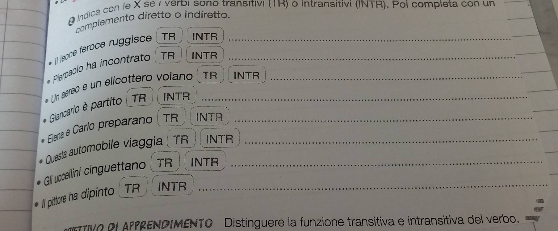 Indica con le X se i verbi sono transitivi (TR) o intransitivi (INTR). Poi completa con un 
complemento diretto o indiretto. 
Il leone feroce ruggisce TR INTR_ 
Pierpaolo ha incontrato TR INTR__ 
Un aereo e un elicottero volano TR INTR 
Giancarlo è partito ( TR INTR_ 
_ 
_ 
Elena e Carlo preparano TR INTR_ 
Questa automobile viaggia TR INTR_ 
Gli uccellini cinguettano TR INTR_ 
II pittore ha dipinto TR INTR_ 
IVO DI APPRENDIMENTO Distinguere la funzione transitiva e intransitiva del verbo.