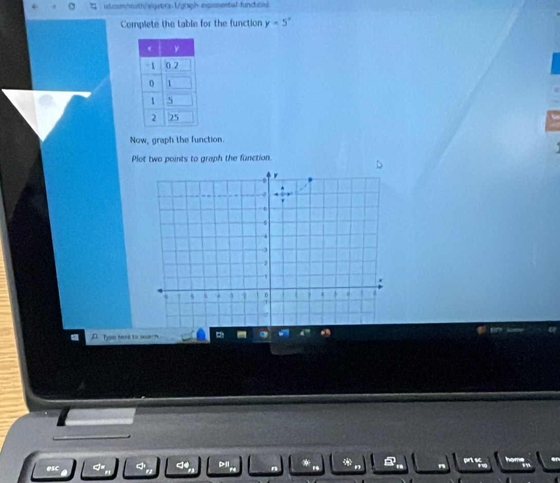 exponentalfuncheas 
Cemplete the table for the function y=5^x
a 
Now, graph the function. 
Plot two points to graph the function. 
a Tyou herd to search 
D1 
* 
prtsc ome 
esc 2 n