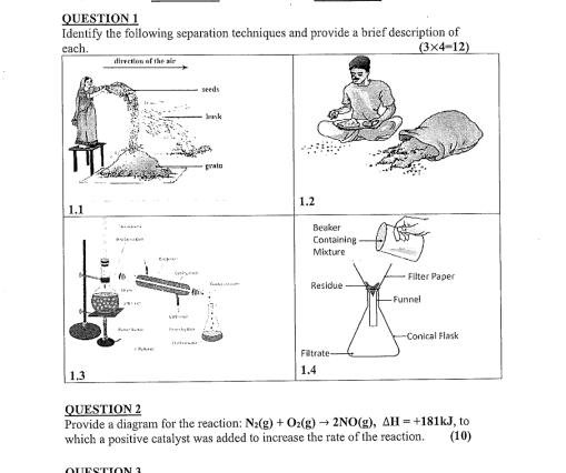 Identify the following separation techniques and provide a brief description of 
each. (3* 4=12)
1.1 1.2 
Beaker 
Containing 
Mixture 
Filter Paper 
Residue 

Funnel 
Conical Flask 
Filtrate 
1.3 1.4 
QUESTION 2 
Provide a diagram for the reaction: N_2(g)+O_2(g)to 2NO(g), Delta H=+181kJ , to 
which a positive catalyst was added to increase the rate of the reaction. (10)