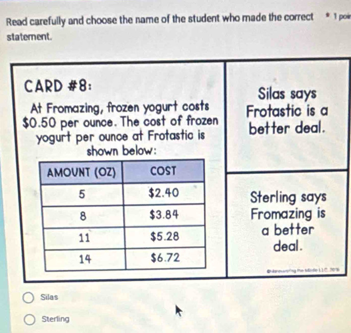 Read carefully and choose the name of the student who made the correct * 1 poi 
statement. 
CARD #8: 
Silas says 
At Fromazing, frozen yogurt costs Frotastic is a
$0.50 per ounce. The cost of frozen better deal. 
yogurt per ounce at Frotastic is 
shown below: 
=Sterling say s 
Fromazing is 
a better 
deal . 
earing the sdide LLC. 20%
Silas 
Sterling