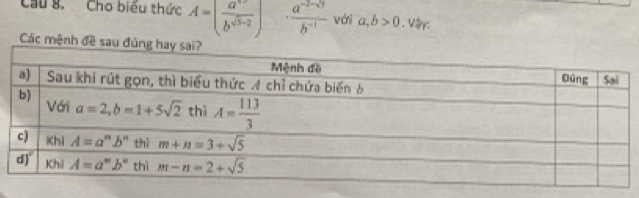 Cho biểu thức A=( a^(40)/b^(sqrt(5)-2) )  (a^(-2-sqrt(3)))/b^(-1)  với a,b>0. Vậry:
Các mệnh đề s