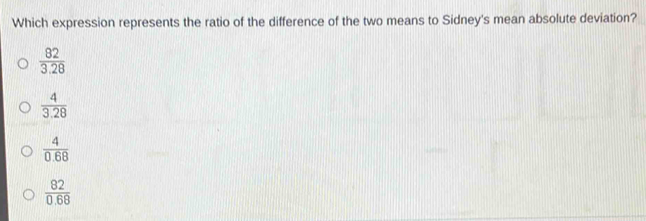 Which expression represents the ratio of the difference of the two means to Sidney's mean absolute deviation?
 82/3.28 
 4/3.28 
 4/0.68 
 82/0.68 