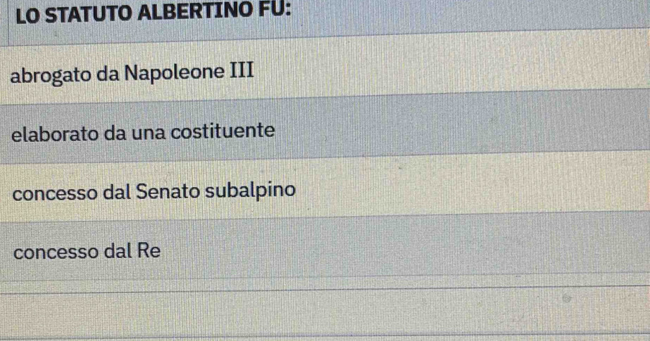 LO STATUTO ALBERTINO FU:
abrogato da Napoleone III
elaborato da una costituente
concesso dal Senato subalpino
concesso dal Re