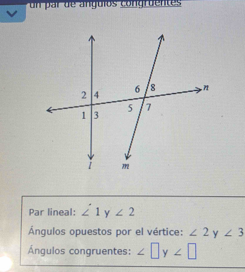 un par de anguíos congruentes 
Par lineal: ∠ 1y∠ 2
Ángulos opuestos por el vértice: ∠ 2  1/2  y ∠ 3
Ángulos congruentes: ∠ □ y∠ □