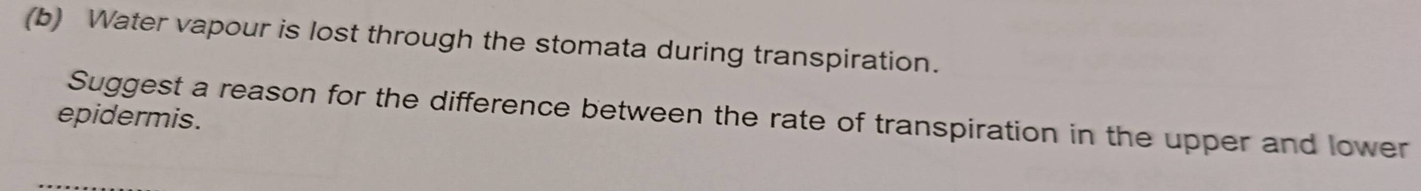 Water vapour is lost through the stomata during transpiration. 
epidermis. Suggest a reason for the difference between the rate of transpiration in the upper and lower