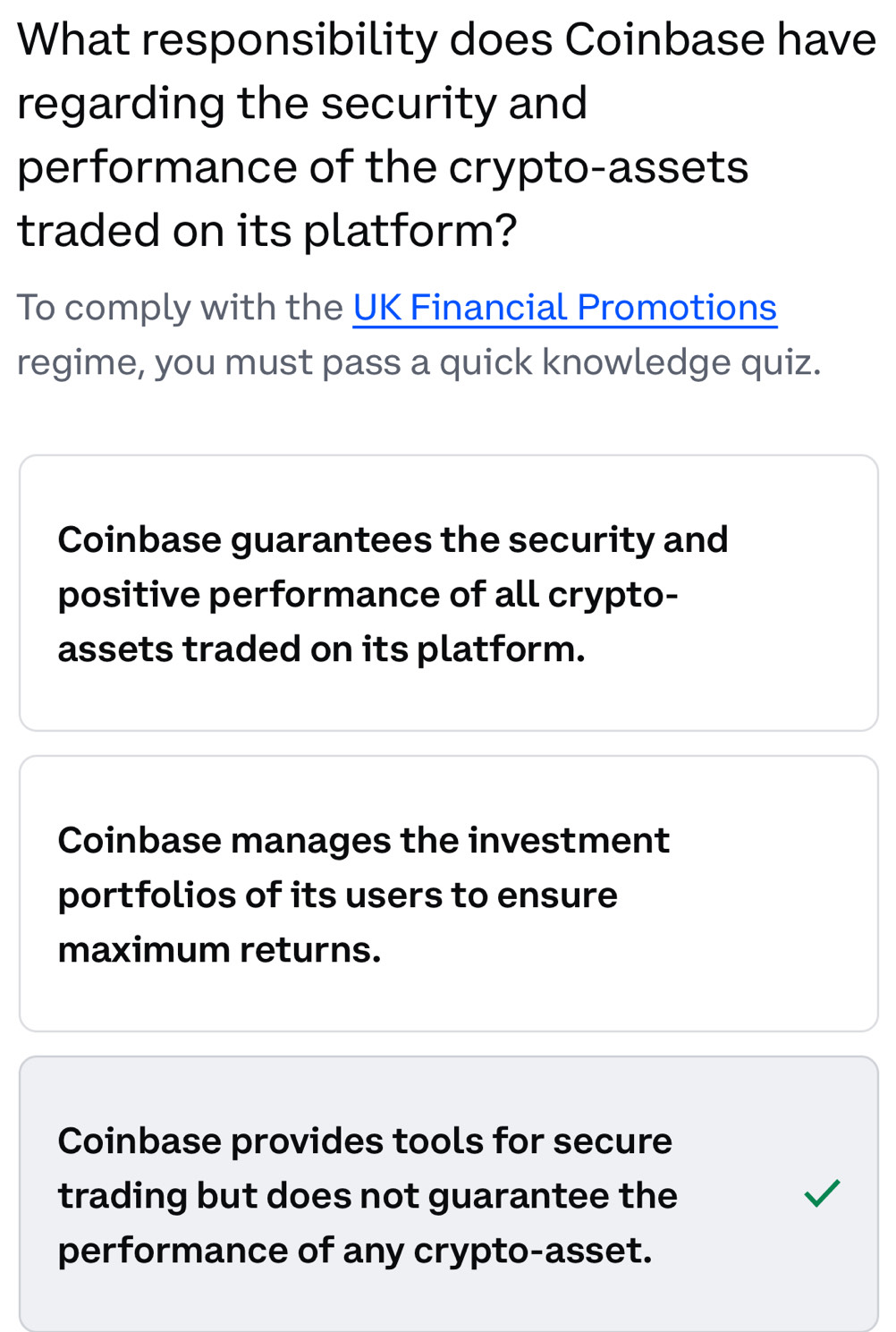Solved: What responsibility does Coinbase have regarding the security and  performance of the crypt [Business]