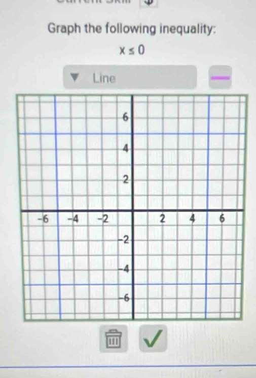 Graph the following inequality:
x≤ 0
Line
m