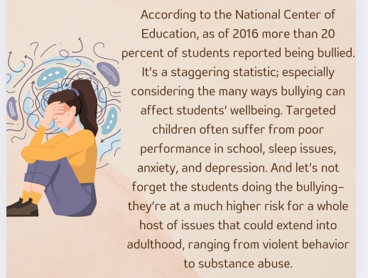 According to the National Center of 
Education, as of 2016 more than 20
ercent of students reported being bullied. 
It’s a staggering statistic; especially 
considering the many ways bullying can 
affect students’ wellbeing. Targeted 
children often suffer from poor 
performance in school, sleep issues, 
anxiety, and depression. And let’s not 
forget the students doing the bullying-- 
hey’re at a much higher risk for a whole 
host of issues that could extend into 
adulthood, ranging from violent behavior 
to substance abuse.