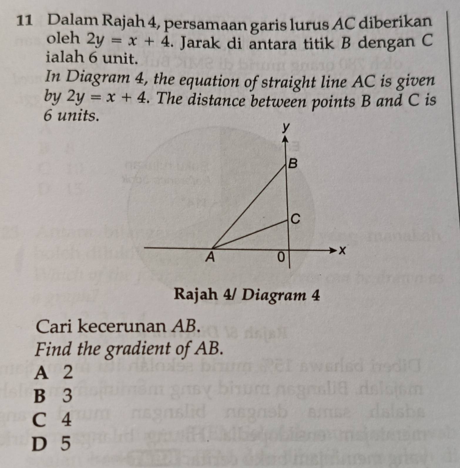 Dalam Rajah 4, persamaan garis lurus AC diberikan
oleh 2y=x+4. Jarak di antara titik B dengan C
ialah 6 unit.
In Diagram 4, the equation of straight line AC is given
by 2y=x+4. The distance between points B and C is
6 units.
Rajah 4/ Diagram 4
Cari kecerunan AB.
Find the gradient of AB.
A 2
B 3
C 4
D 5