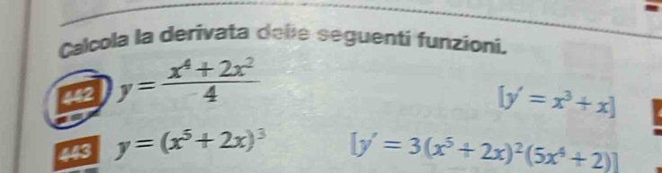 Calcola la derivata dele seguenti funzioni. 
442 y= (x^4+2x^2)/4 
[y'=x^3+x]
443 y=(x^5+2x)^3 [y'=3(x^5+2x)^2(5x^4+2)]