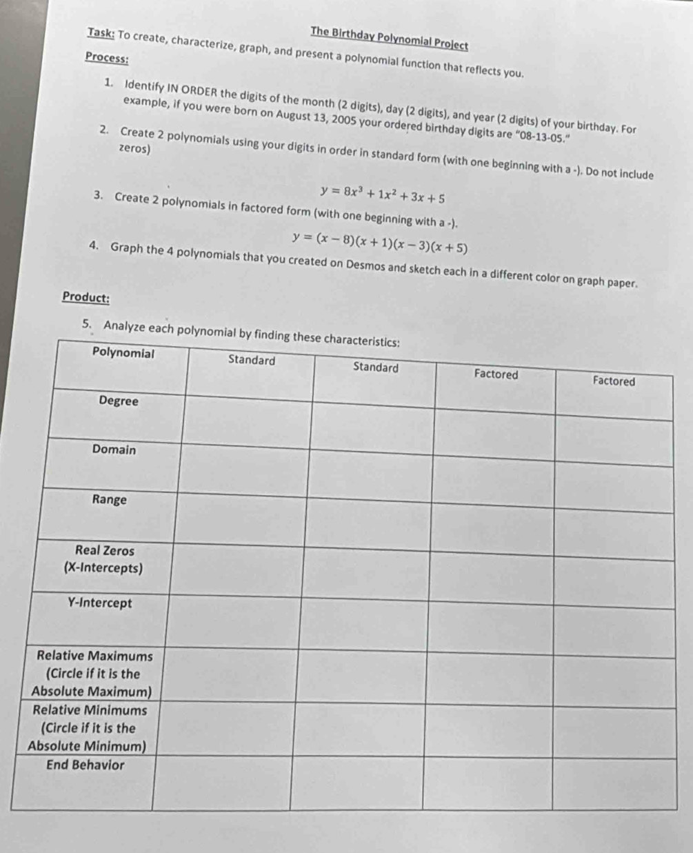 The Birthday Polynomial Project
Task: To create, characterize, graph, and present a polynomial function that reflects you.
Process:
1. Identify IN ORDER the digits of the month (2 digits), day (2 digits), and year (2 digits) of your birthday. For
example, if you were born on August 13, 2005 your ordered birthday digits are “ 08-13-05.”
zeros)
2. Create 2 polynomials using your digits in order in standard form (with one beginning with a -). Do not include
y=8x^3+1x^2+3x+5
3. Create 2 polynomials in factored form (with one beginning with a -).
y=(x-8)(x+1)(x-3)(x+5)
4. Graph the 4 polynomials that you created on Desmos and sketch each in a different color on graph paper.
Product:
5.