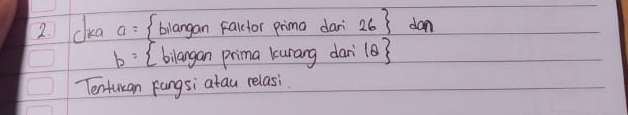 dka (bilangan Falctor prima do r=26 dan
b=  bilom prima kurang dar 1θ 
Tenturan pungsi atau relasi.