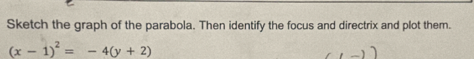 Sketch the graph of the parabola. Then identify the focus and directrix and plot them.
(x-1)^2=-4(y+2)