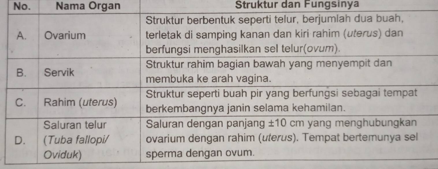 No. Nama Organ Struktur dan Fungsinya