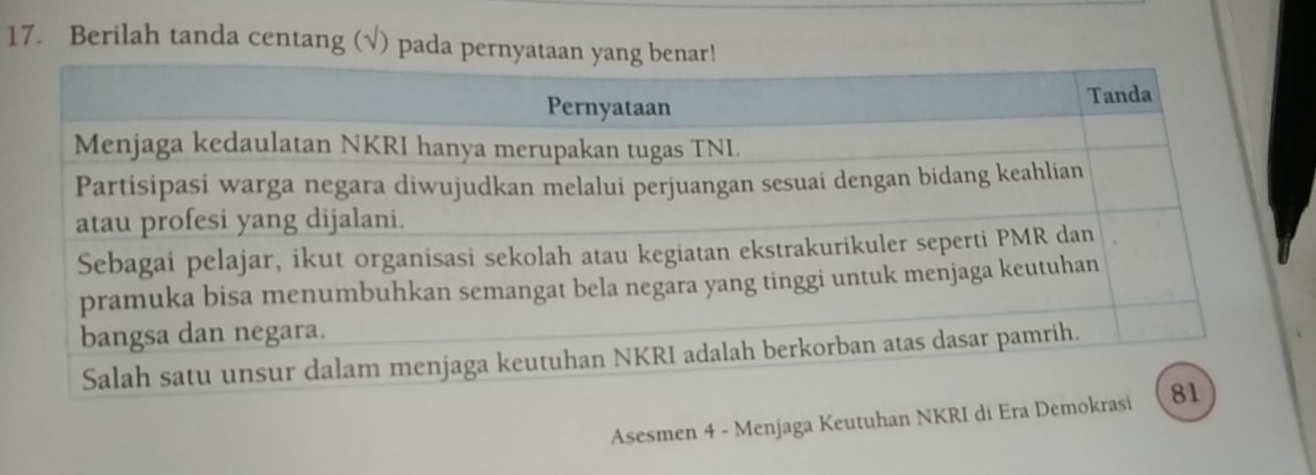 Berilah tanda centang (√) pada pernya 
Asesmen 4 - Menjaga Keutuhan NKRI di E