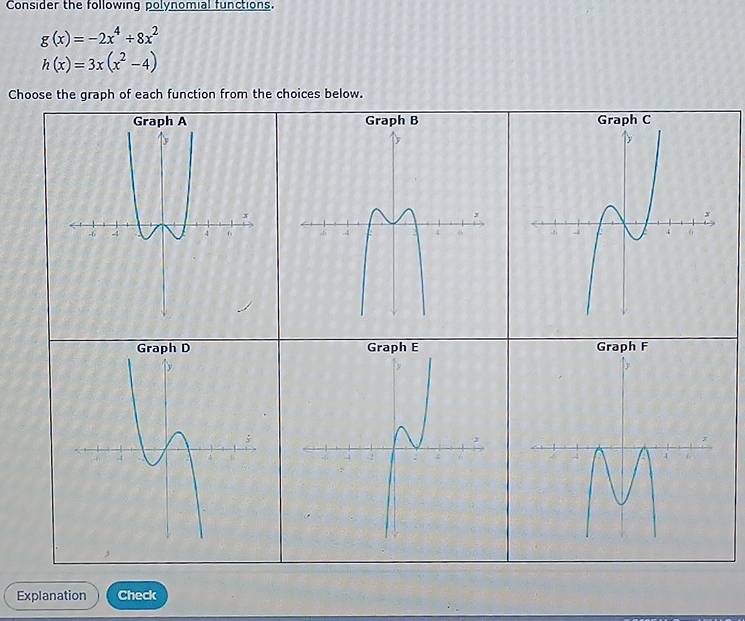 Consider the following polynomial functions.
g(x)=-2x^4+8x^2
h(x)=3x(x^2-4)
Choose the graph of each function from the choices below. 
Explanation Check