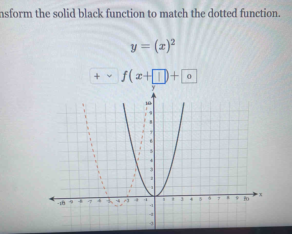 nsform the solid black function to match the dotted function.
y=(x)^2
+ f(x+□ )+□