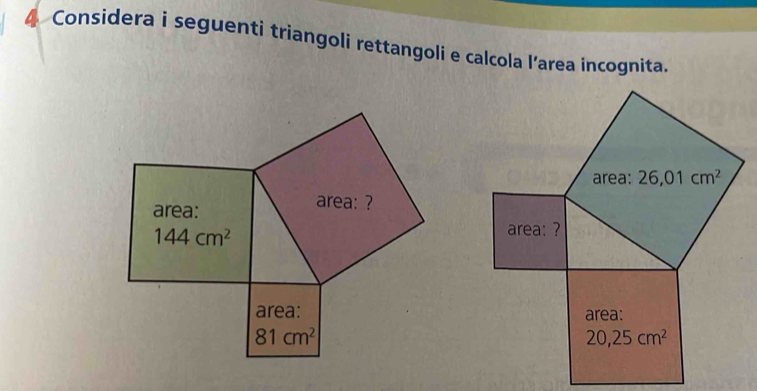 Considera i seguenti triangoli rettangoli e calcola l’area incognita.