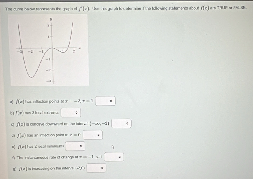 The curve below represents the graph of f'(x). Use this graph to determine if the following statements about f(x) are TRUE or FALSE. 
a) f(x) has inflection points at x=-2, x=1
b) f(x) has 3 local extrema 
c) f(x) is concave downward on the interval (-∈fty ,-2)
d) f(x) has an inflection point at x=0
e) f(x) has 2 local minimums 0
f) The instantaneous rate of change at x=-1 is -1 / 
g) f(x) is increasing on the interval (-2,0)