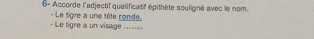 6- Accorde l'adjectif qualificatif épithète souligné avec le nom. 
- Le tigre a une tête ronde. 
- Le tigre a un visage ........