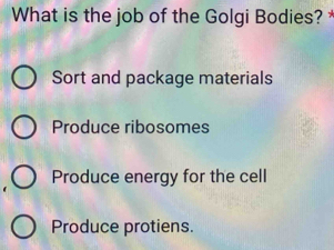 What is the job of the Golgi Bodies? *
Sort and package materials
Produce ribosomes
Produce energy for the cell
Produce protiens.