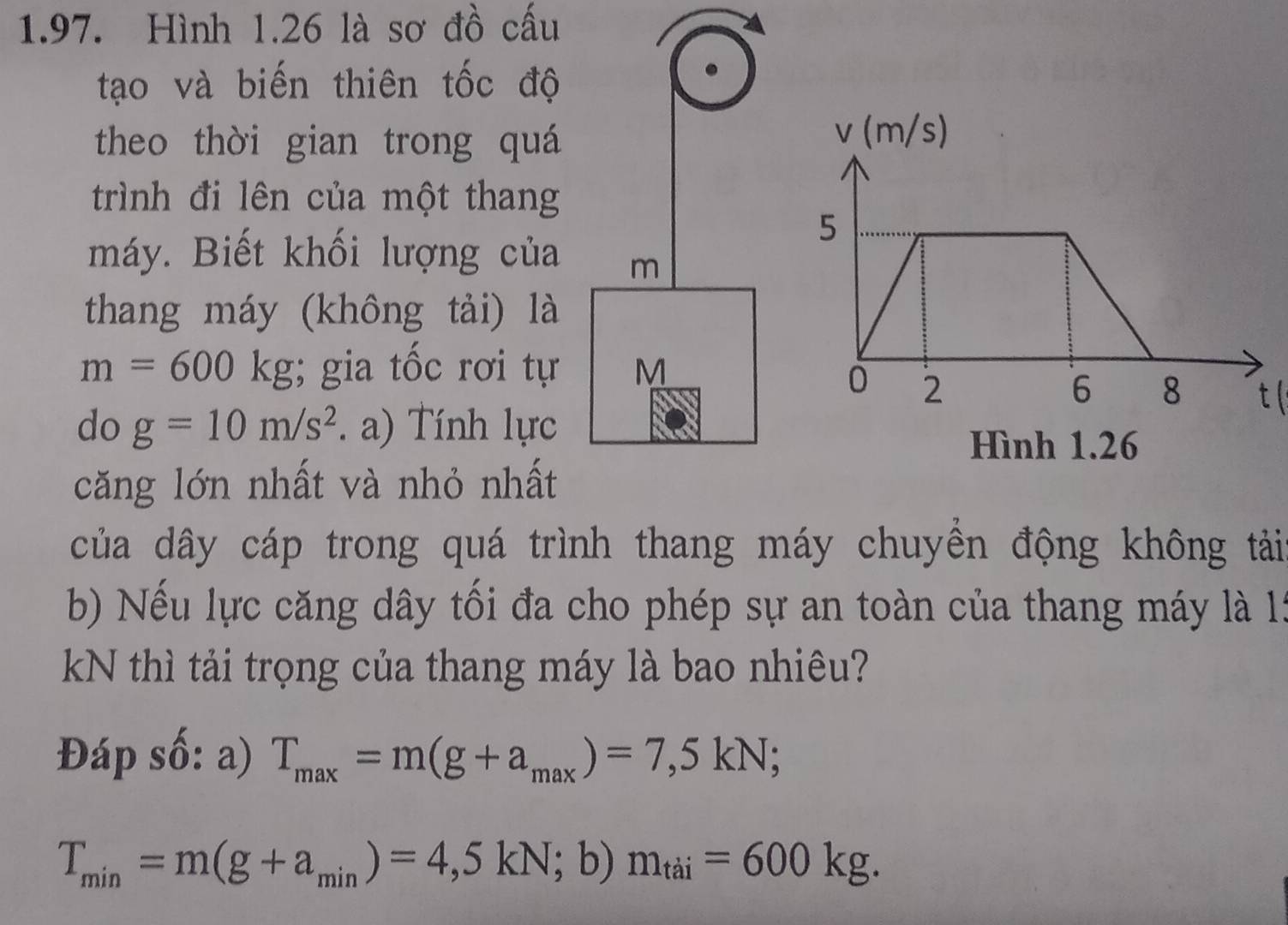 Hình 1.26 là sơ đồ cấu
tạo và biến thiên tốc độ
theo thời gian trong quá 
trình đi lên của một thang
máy. Biết khối lượng của m
thang máy (không tải) là
m=600kg; gia tốc rơi tự M
t(
do g=10m/s^2 *.) Tính lực
căng lớn nhất và nhỏ nhất
của dây cáp trong quá trình thang máy chuyền động không tải
bb Nếu lực căng dây tối đa cho phép sự an toàn của thang máy là 13
kN thì tải trọng của thang máy là bao nhiêu?
Đáp số: a) T_max=m(g+a_max)=7,5kN;
T_min=m(g+a_min)=4,5kN;b)m_tai=600kg.