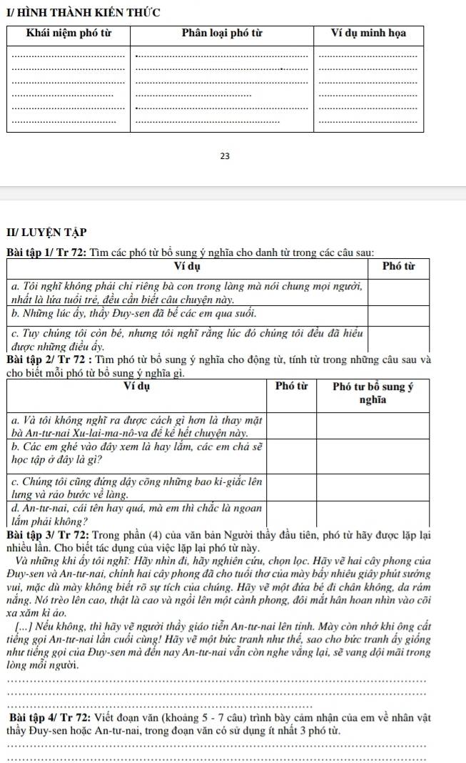 1/ hìNh thành kIêN thức
23
II/ LUYệN tập
Bài tập 1/ Tr 72: Tìm các phó từ bổ sung ý nghĩa cho danh từ trong các câu sau:
Bài tập 3/ Tr 72: Trong phần (4) của văn bản Người thầy đầu tiên, phó từ hãy được lặp lại
nhiều lần. Cho biết tác dụng của việc lặp lại phó từ này.
Và những khi ẩy tôi nghĩ: Hãy nhìn đi, hãy nghiên cứu, chọn lọc. Hãy vẽ hai cây phong của
Đuy-sen và An-tư-nai, chỉnh hai cây phong đã cho tuổi thơ của mày bầy nhiêu giây phút sưởng
vui, mặc dù mày không biết rõ sự tích của chúng. Hãy vẽ một đứa bé đi chân không, da rảm
nắng. Nó trèo lên cao, thật là cao và ngồi lên một cành phong, đôi mắt hân hoan nhìn vào cõi
xa xăm kì ảo,
[...] Nếu không, thì hãy vẽ người thầy giáo tiễn An-tư-nai lên tỉnh. Mày còn nhớ khi ông cắt
tiếng gọi An-tư-nai lần cuối cùng! Hãy vẽ một bức tranh như thế, sao cho bức tranh ẩy giống
như tiếng gọi của Đuy-sen mà đến nay An-tư-nai vẫn còn nghe vắng lại, sẽ vang đội mãi trong
lòng mỗi người.
_
_
_
Bài tập 4/ Tr 72: Viết đoạn văn (khoảng 5 - 7 câu) trình bày cảm nhận của em về nhân vật
thầy Đuy-sen hoặc An-tư-nai, trong đoạn văn có sử dụng ít nhất 3 phó từ.
_
_