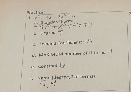 Practice: 
1. x^2+4x-3x^5+6
2 
a. Standard Form: 
b. Degree: 
c. Leading Coefficient: 
d. MAXIMUM number of U-turns: 
e. Constant 
f. Name (degree,# of terms)