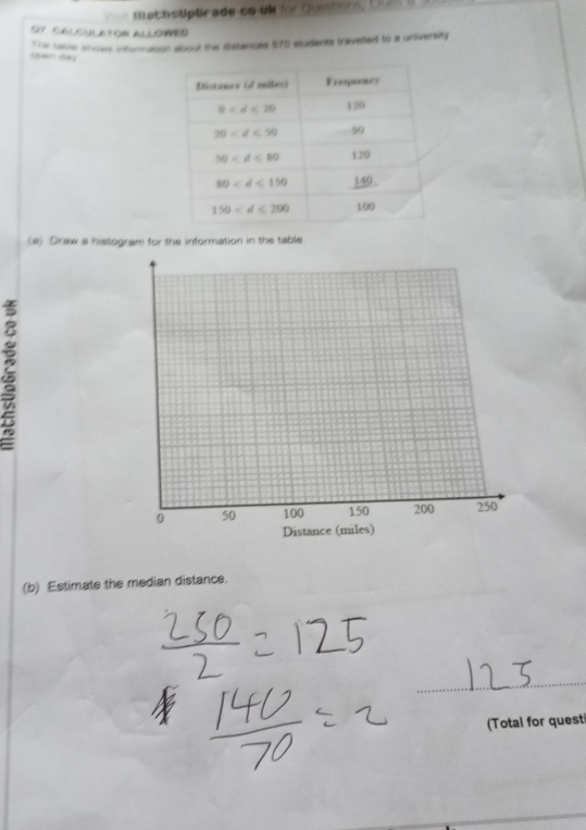 Yeit Machstptrade co ul for Questions, Cluel 
S7 CALCULATOR ALLOWED
The table shows information about the distances 570 students travetled to a university
oper de)
(e) Draw a histogram for the information in the table
(b) Estimate the median distance.
_
(Total for quest