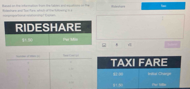 Based on the information from the tables and equations on the Rideshare Taxi 
Rideshare and Taxi Fare, which of the following is a 
nonproportional relationship? Explain. 
sqrt(± ) Subenst 
TAXI FARE
$2.00 Initial Charge
$1.50 Per Mile