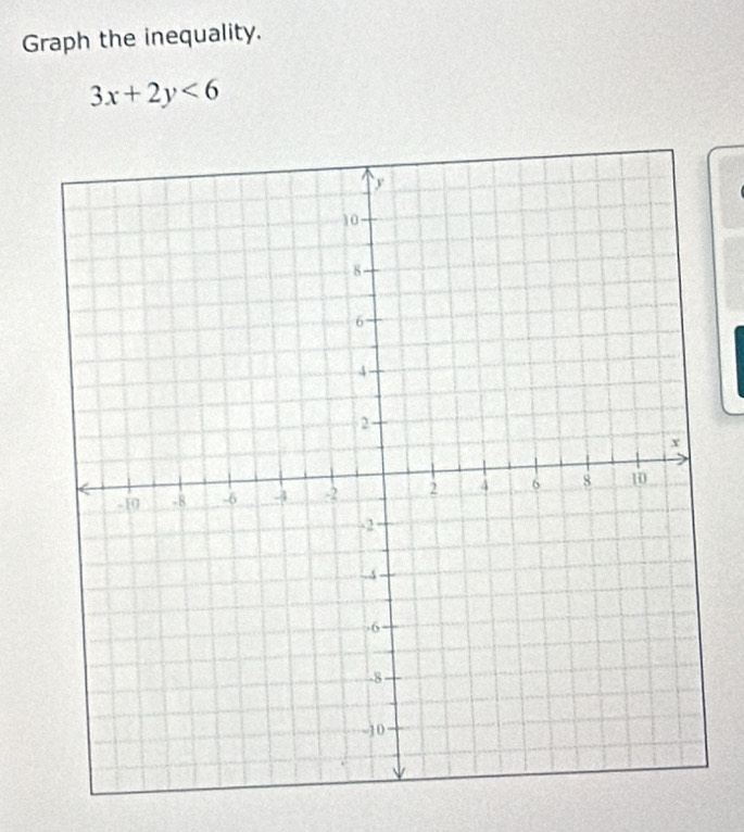 Graph the inequality.
3x+2y<6</tex>