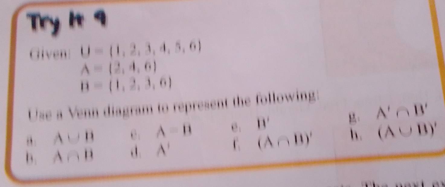 Try 1 9 
Given U= 1,2,3,4,5,6
A=(2,4,6)
B= 1,2,3,6
Use a Venn diagram to represent the following: 
C. A=B
e. 
h. beginarrayr A'∩ B' (A∪ B)'endarray
θ . A∪ B B'
b. A∩ B.1. A'
C. (A∩ B)'